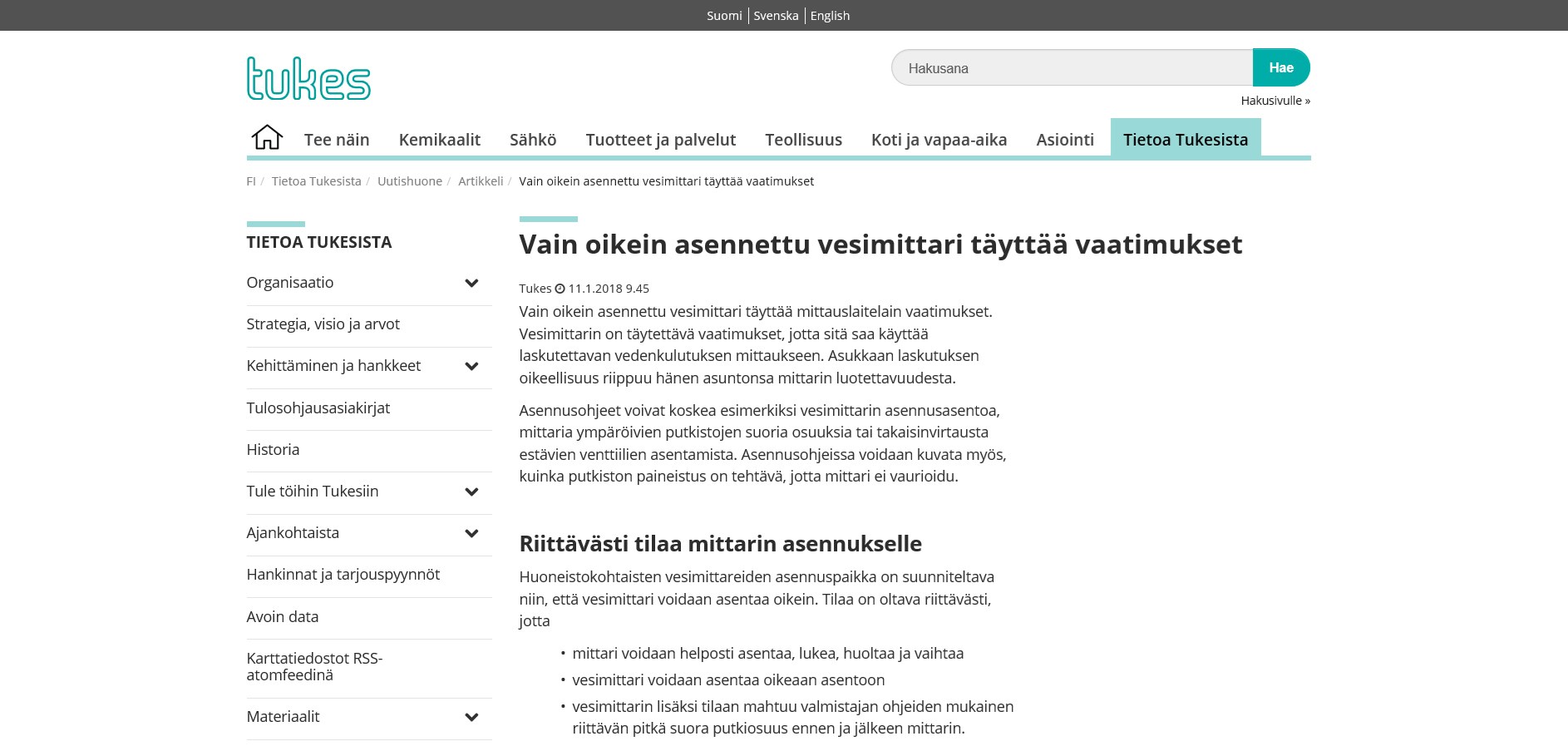 Kuvakaappaus Tukesin tiedotteesta
