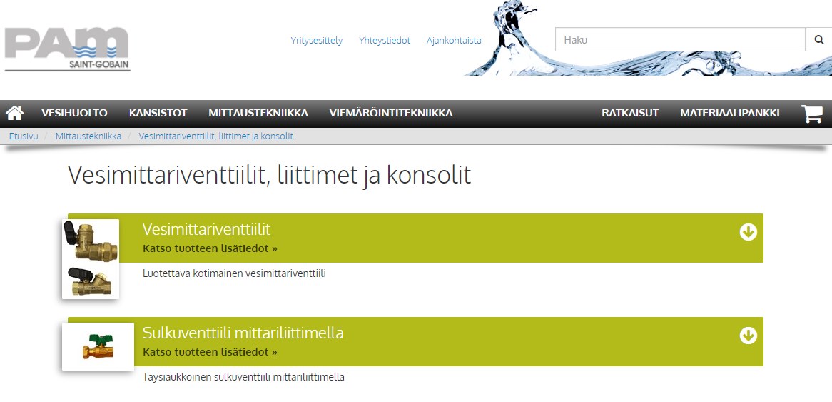 Vesimittariventtiilit, liitttimet ja konsolit -osion näkymä