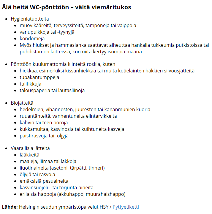 Kuvakaappaus Suomela.fi:n artikkelista "Tiedätkö, mitä ei saa laittaa WC-pönttöön? Vältä viemäritukos."
